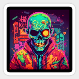 Korean Zombie man with skull in neon lights Sticker